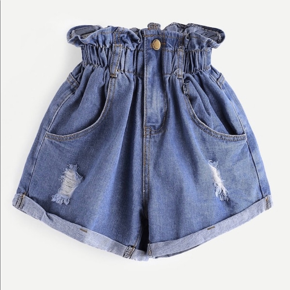 SHEIN- Plus Ripped Frill Waist Denim Shorts
